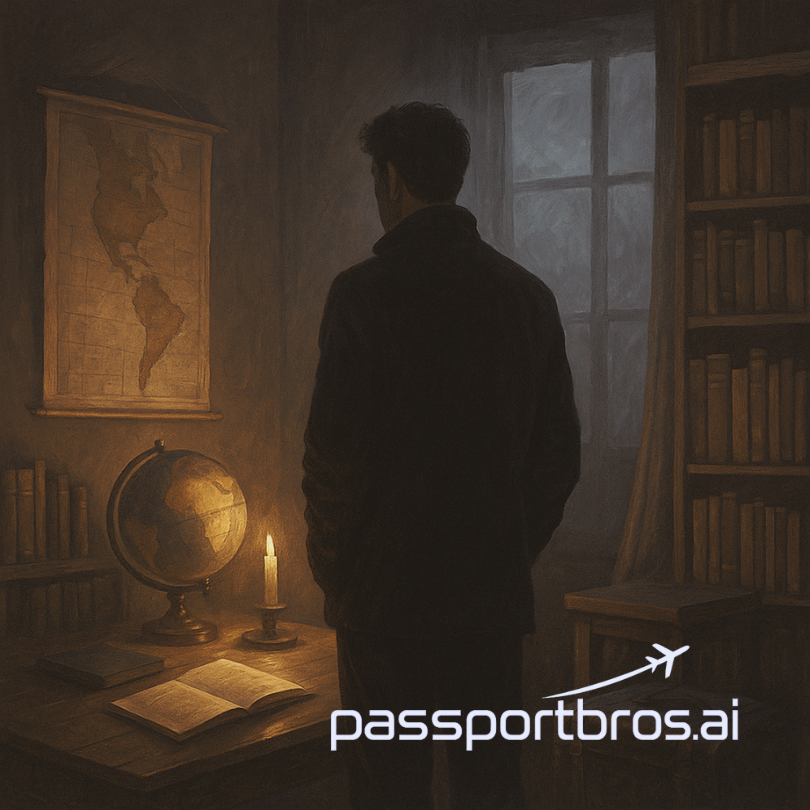 Silhouette of a man reflecting in a candlelit room with a globe, symbolizing The Quiet Strategist personality from the Passport Bros Quiz.
