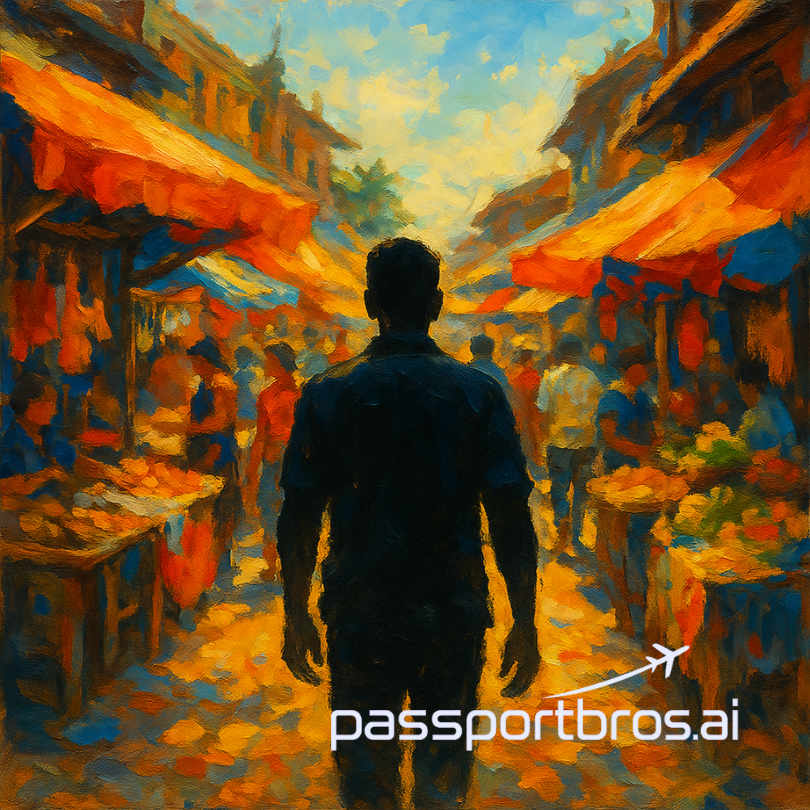 Silhouette of a man walking through a busy Southeast Asian street market at midday, representing The Culture Seeker personality from the Passport Bros Quiz.