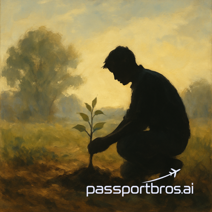 Silhouette of a man kneeling to plant a sapling in fertile soil at sunrise, symbolizing The Legacy Builder personality from the Passport Bros Quiz.