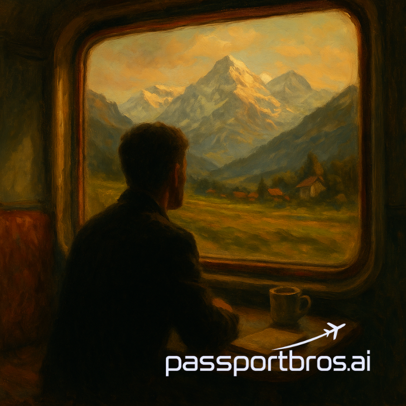 Silhouette of a man gazing out a train window at the Swiss Alps, symbolizing The Romantic Outsider personality from the Passport Bros Quiz.