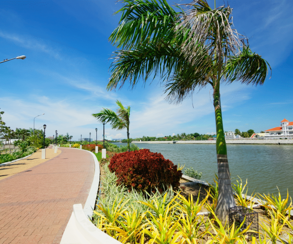 Riverside park with palm trees and colorful landscaping in Iloilo City, Philippines
