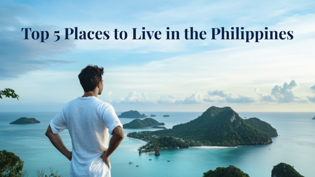 man looking out at islands