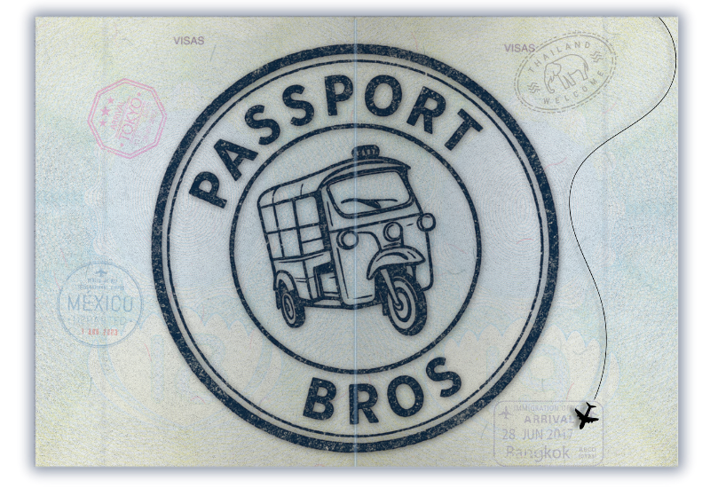 Passport Bros logo with tuk-tuk icon and bold navy text
