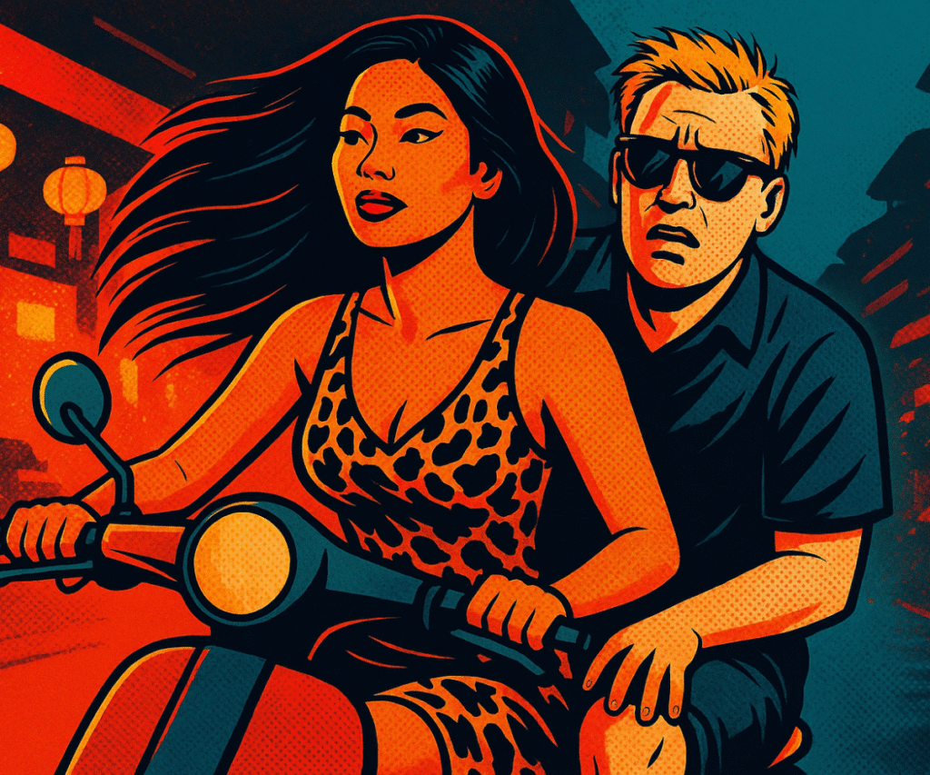 A Western man nervously riding on the back of a scooter driven by a confident Thai woman