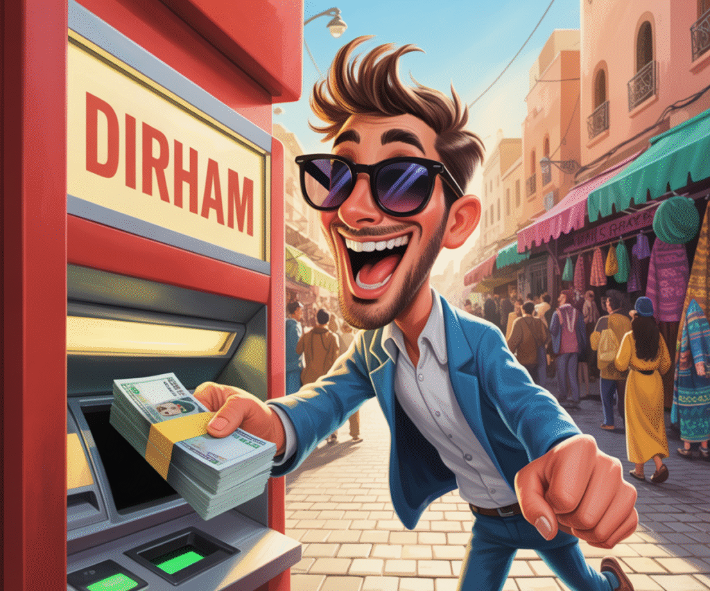 atm-dirham-passport-bro Excited man withdrawing a stack of dirhams from an ATM in a busy Moroccan market
