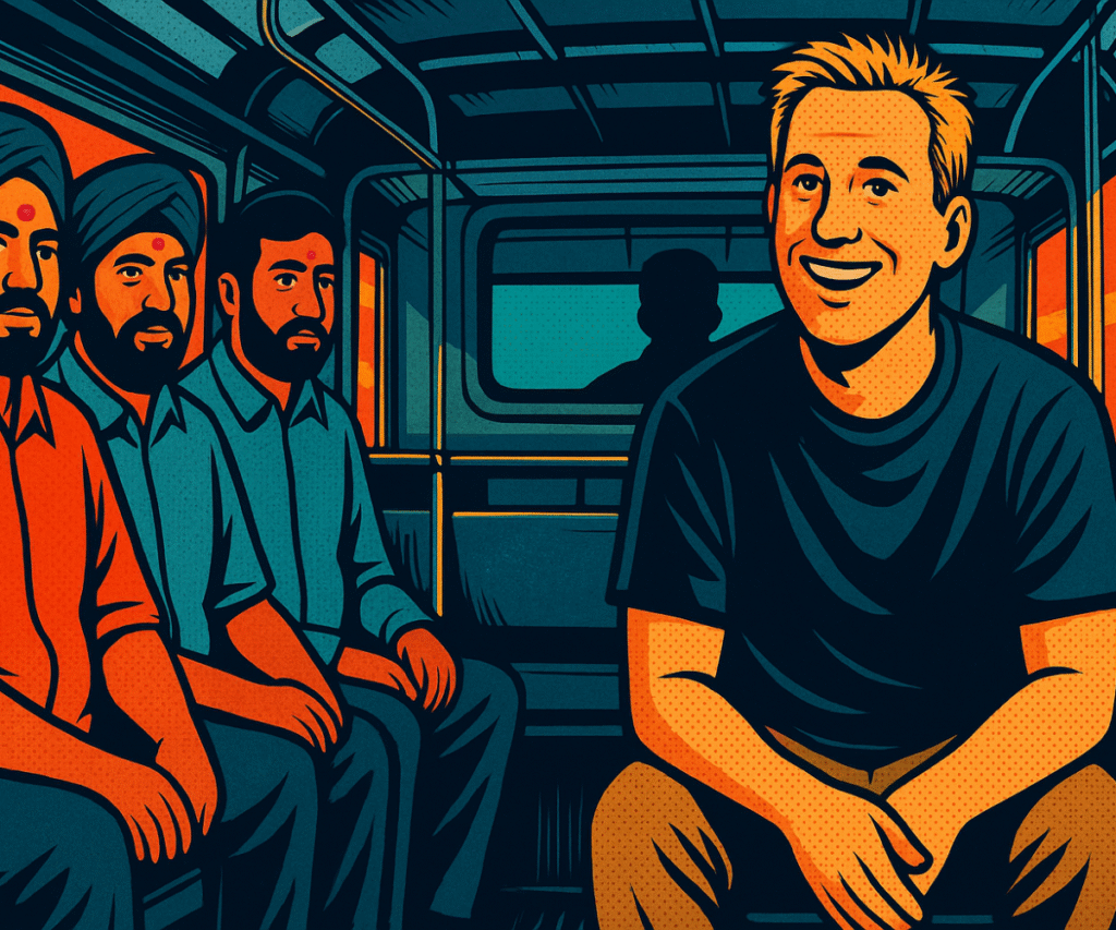 A smiling Western man sitting on a baht bus with three Indian men in traditional turbans