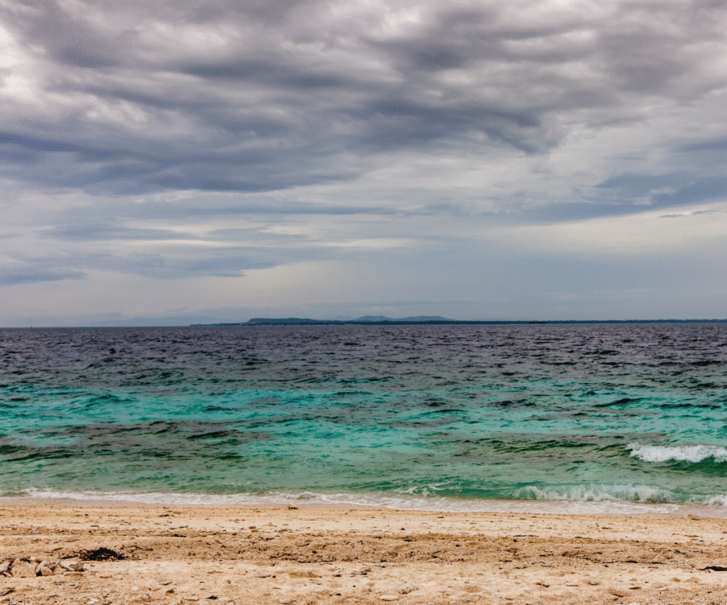 Tropical shoreline on Balicasag Island in Bohol with turquoise waters and cloudy sky