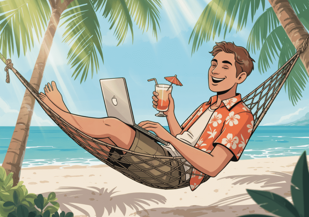Man relaxing in a beach hammock with a laptop and cocktail, smiling under palm trees