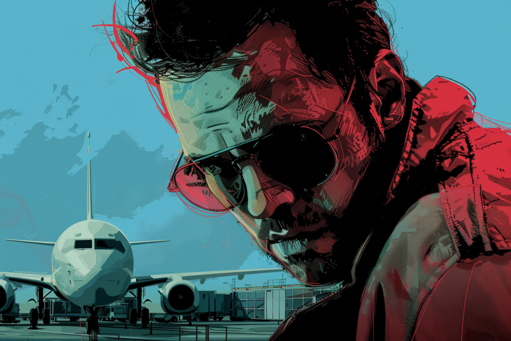 Stylish man in sunglasses with intense expression, preparing to leave, symbolizing bold travel and self-reinvention