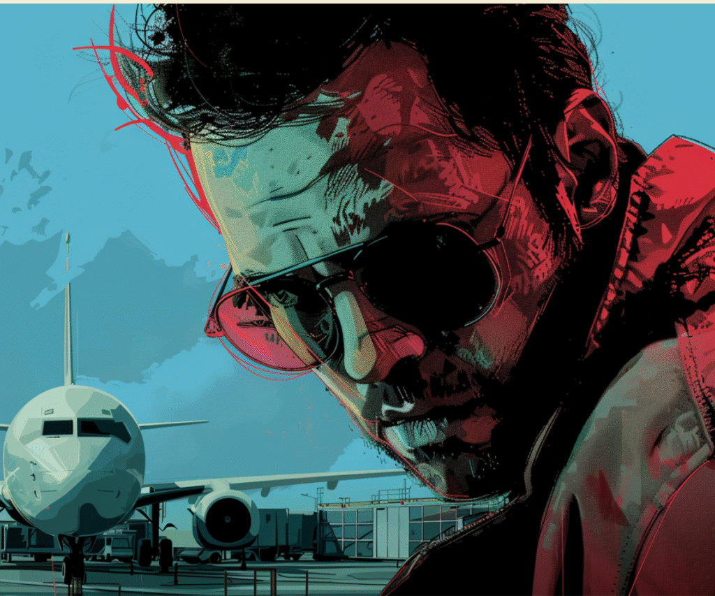 Stylish man in sunglasses with intense expression, preparing to leave, symbolizing bold travel and self-reinvention