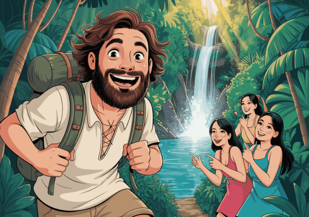Bearded man hiking through a tropical jungle with a waterfall and smiling local women in the background