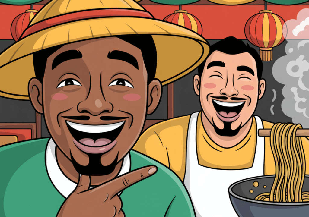 Man smiling and pointing while joking with a noodle vendor at a street food stall