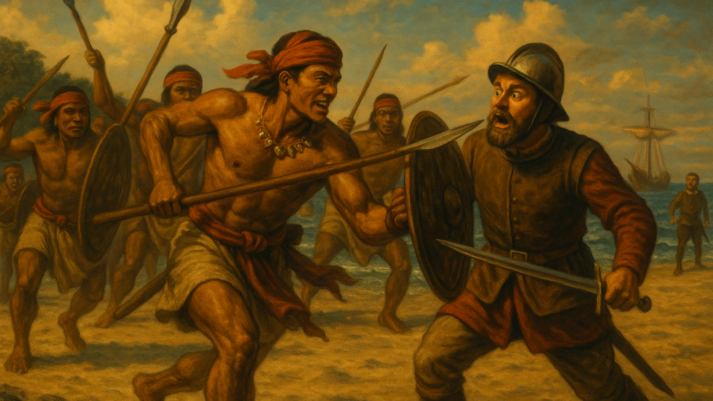 Lapulapu lunges with a spear at a panicked Spanish soldier on the beach, as other native warriors charge forward and ships remain in the distance.