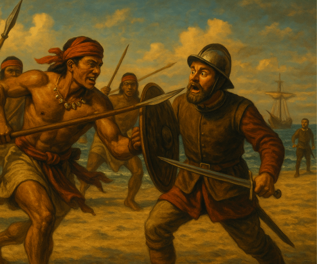 Lapulapu lunges with a spear at a panicked Spanish soldier on the beach, as other native warriors charge forward and ships remain in the distance.