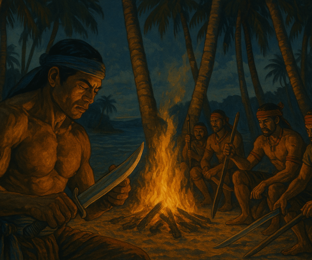 Illustration of Lapulapu and his warriors sitting around a campfire at night, sharpening blades and preparing for battle under palm trees on a tropical island.