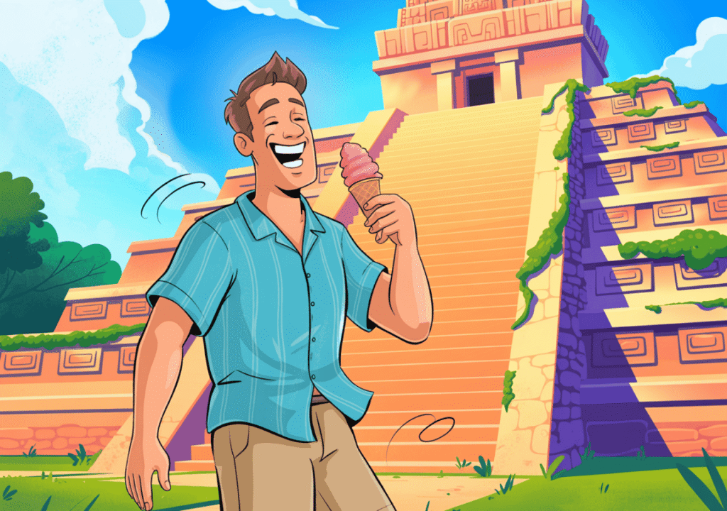 Man laughing with an ice cream cone in front of ancient ruins on a sunny day