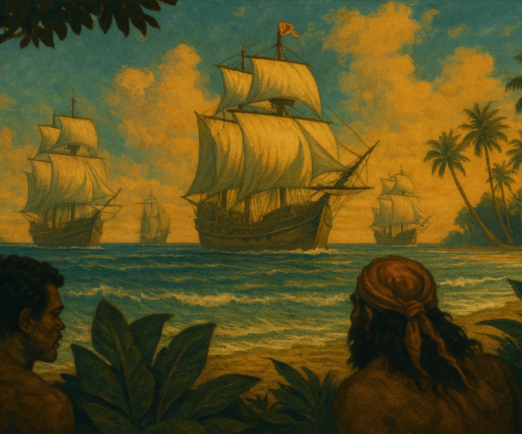 Panoramic painting of indigenous islanders observing several large Spanish galleons approaching the shore at sunset, with palm trees and tropical vegetation in the foreground.