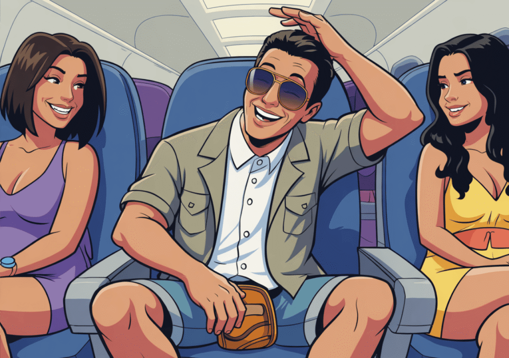 Man in sunglasses laughing on an airplane between two women
