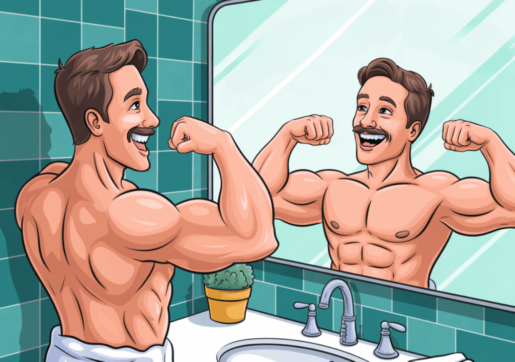 Man with mustache flexing shirtless in the mirror and laughing proudly