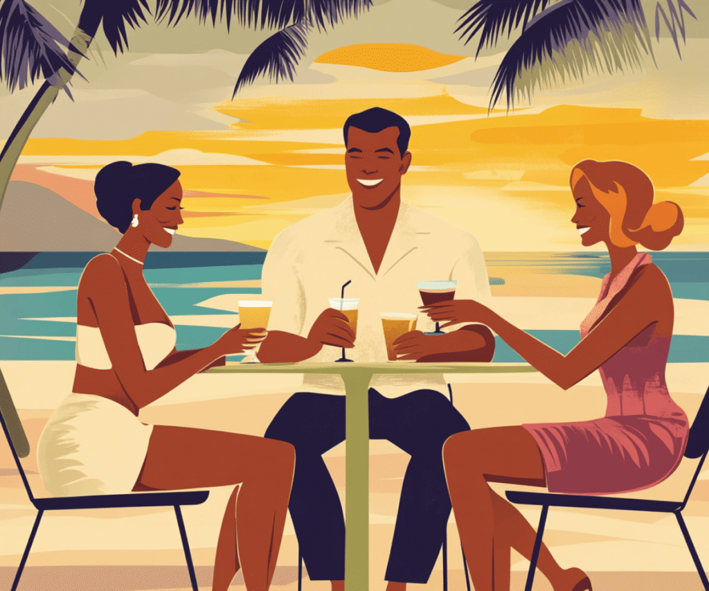 passport-bro-beach-bar-fun A stylized vintage illustration of a man enjoying drinks at a tropical beach bar with two smiling women at sunset, representing the social and relaxed side of the Passport Bro lifestyle.