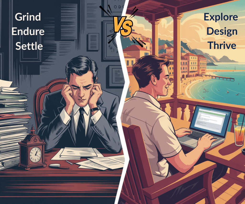 passport-bro-lifestyle-comparison A side-by-side visual comparing the traditional life path of stress and routine with the Passport Bro lifestyle of freedom, travel, and design. One man is buried in paperwork, the other is smiling while working remotely with a beach view.