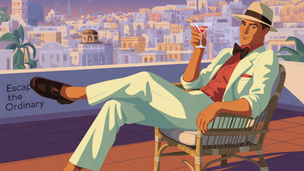 Stylish Passport Bro relaxing on a rooftop with cocktail and city skyline at sunset