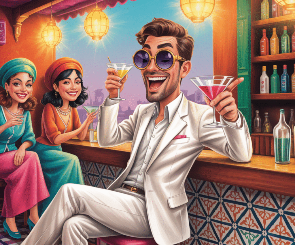 passport-bros-having-fun Stylized man in white suit drinking cocktails with women at a rooftop bar