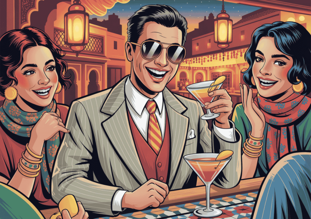 Stylish man in sunglasses enjoying cocktails with two women at a vibrant outdoor bar