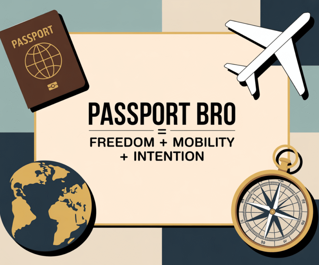 passport-bros-meaning-graphic A visual breakdown of the Passport Bro mindset showing a passport, airplane, globe, and compass around the phrase “Passport Bro = Freedom + Mobility + Intention.”