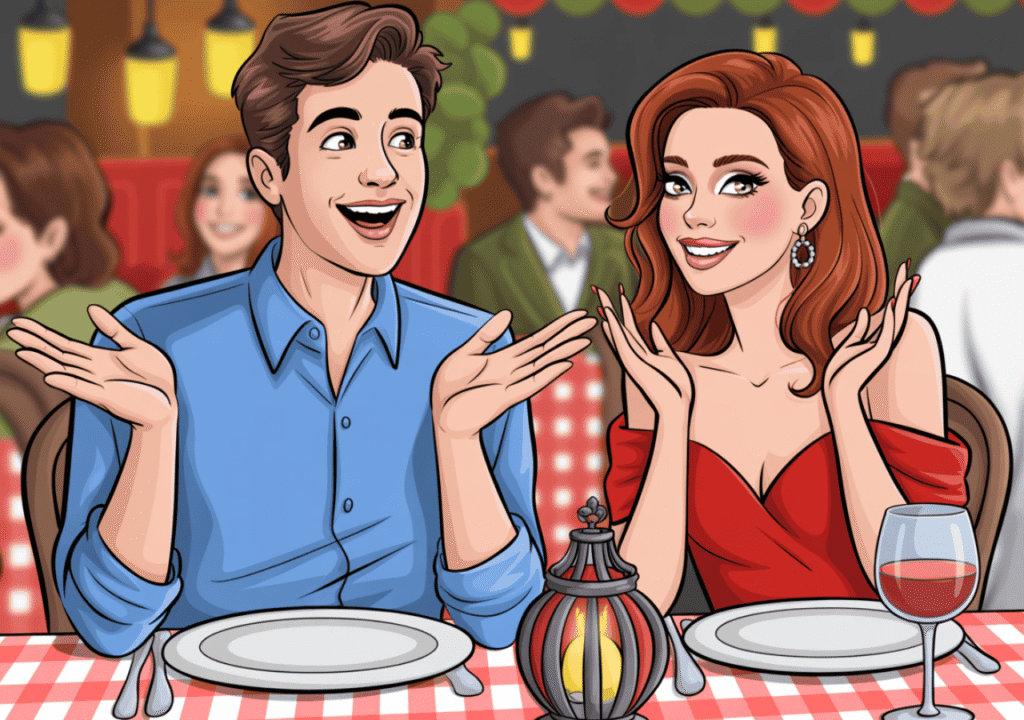 Man and woman laughing on a casual date at an outdoor restaurant