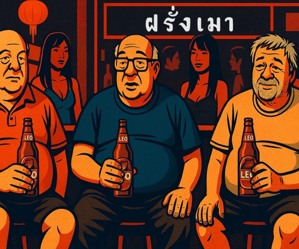 Three older Western men drinking Leo beer at a Thai bar with young bar girls in the background