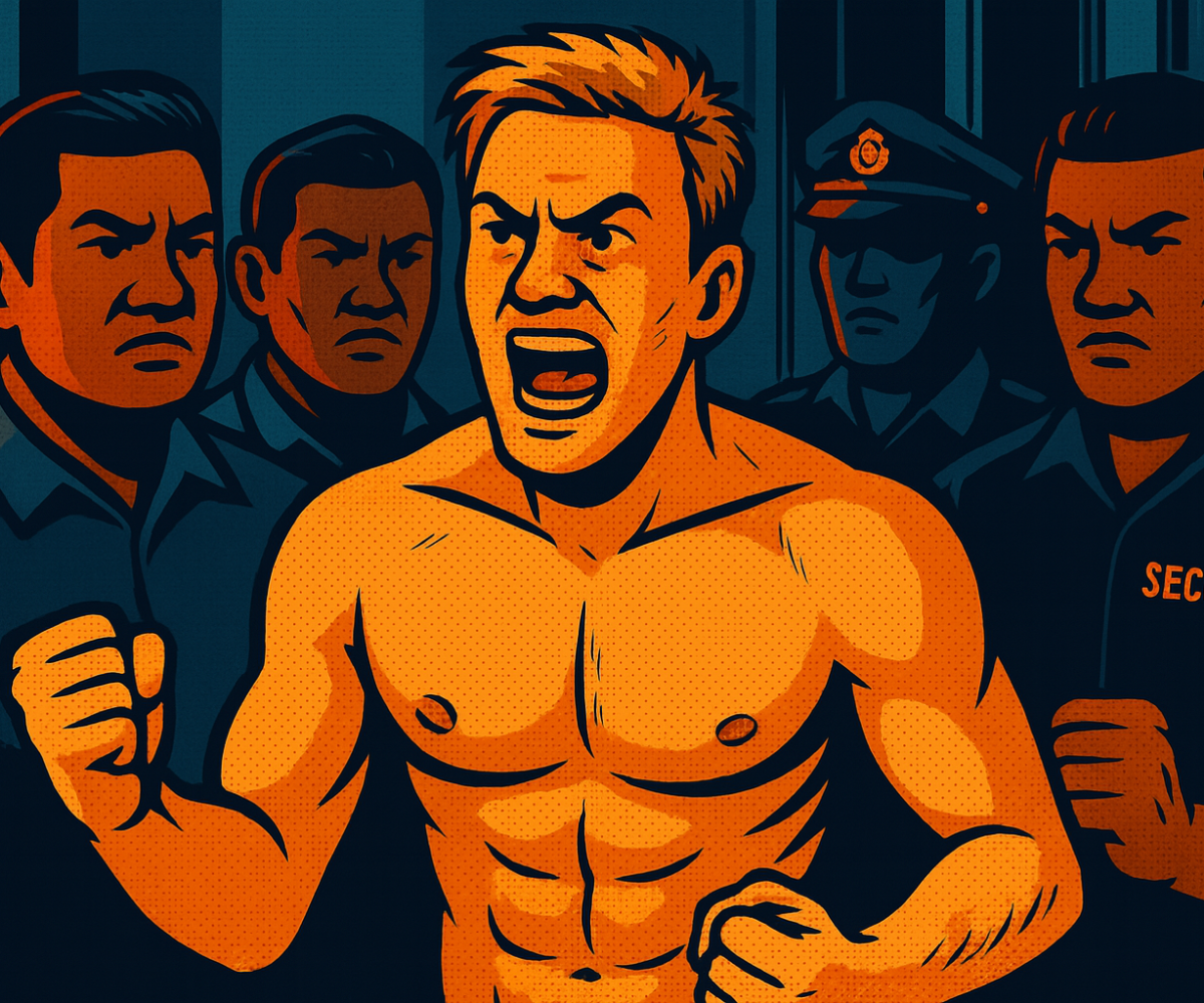 Shirtless American man yelling in a Thai bar while local bouncers and a police officer close in

