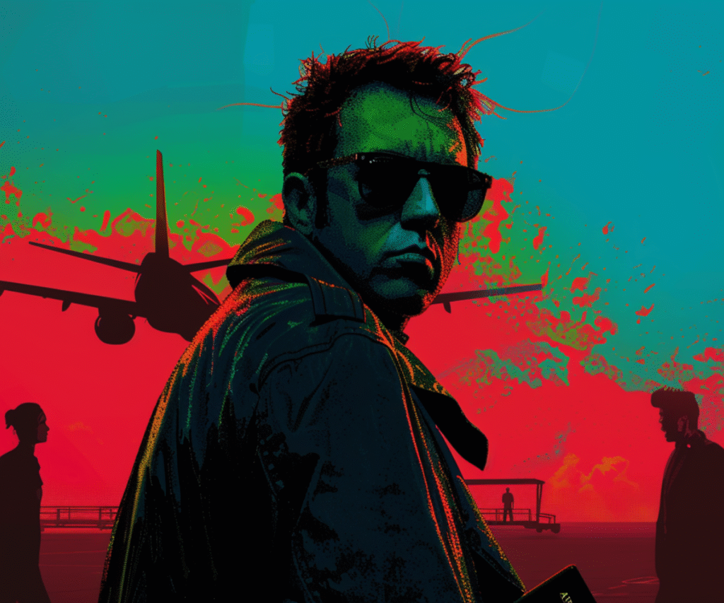 Stylized portrait of a confident man in sunglasses ready for international travel