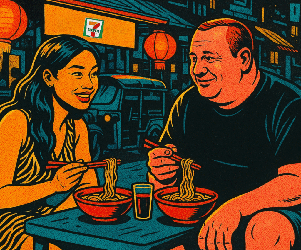 A Western man and Thai woman smiling while eating noodles at a street-side Thai café
