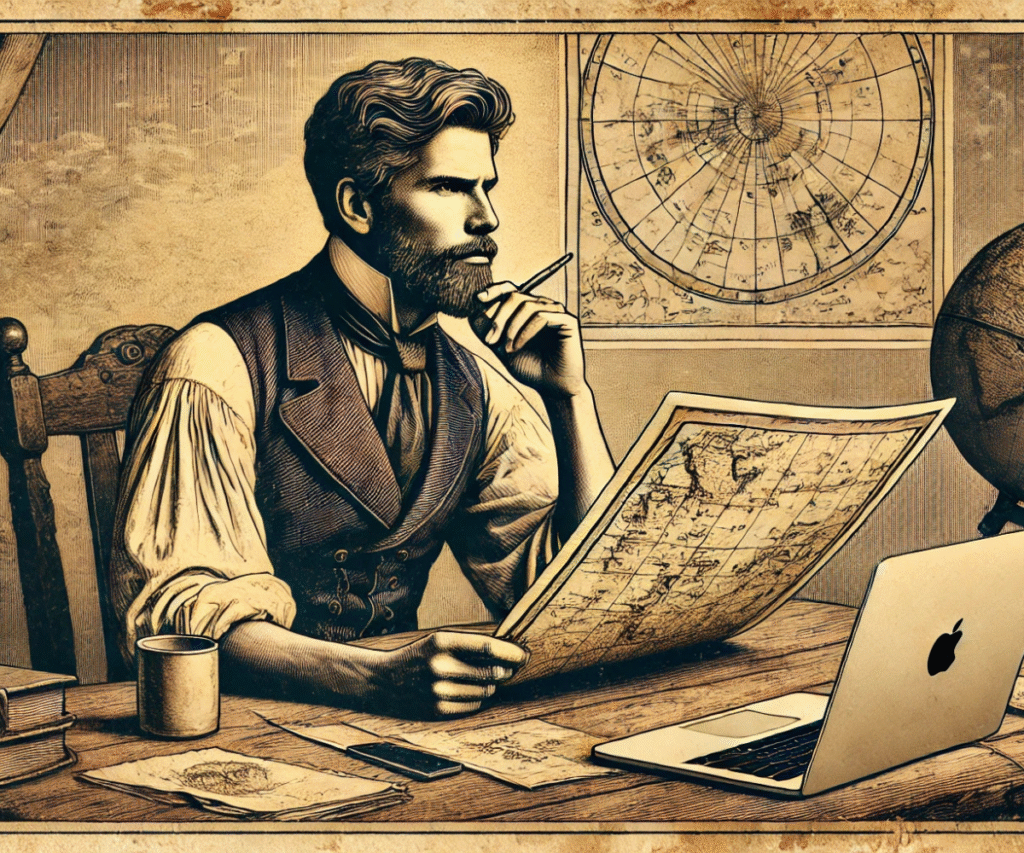 A vintage lithograph-style illustration of a man studying a map at a rustic desk with a MacBook and coffee mug.