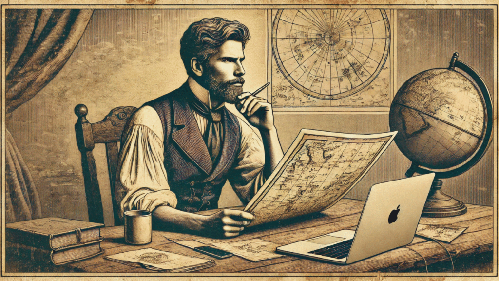 A vintage lithograph-style illustration of a man studying a map at a rustic desk with a MacBook and coffee mug.