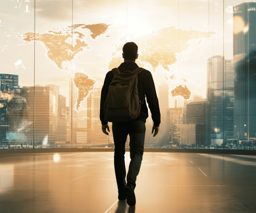 what-does-passport-bros-mean-hero A confident man with a backpack walks toward a glowing world map inside a modern city building, symbolizing the Passport Bros lifestyle of freedom, travel, and intentional living.