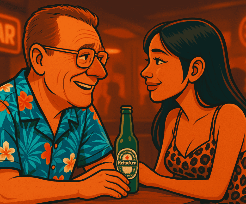 Cartoon of Jim and a young Thai woman in a leopard print dress gazing into each other’s eyes at a bar