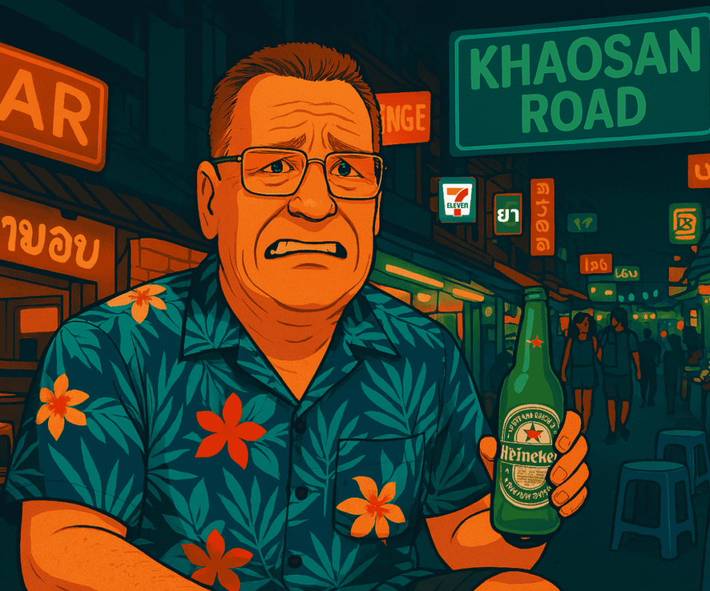 Cartoon-style digital illustration of a nervous older man in a floral shirt holding a Heineken while sitting on a plastic stool on Khaosan Road, surrounded by glowing bar signs in Bangkok at night.