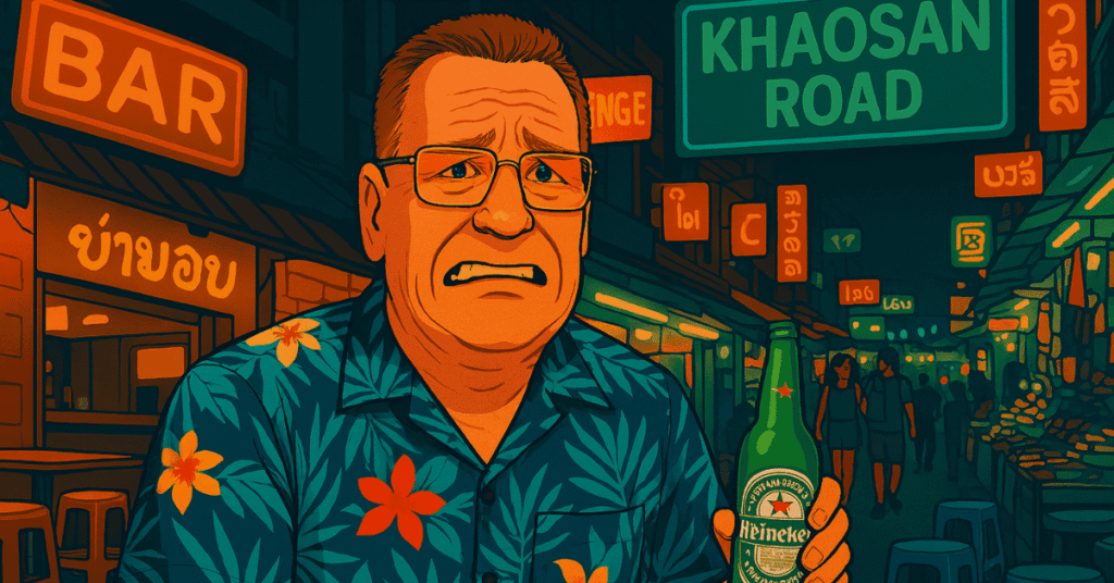 Cartoon-style digital illustration of a nervous older man in a floral shirt holding a Heineken while sitting on a plastic stool on Khaosan Road, surrounded by glowing bar signs in Bangkok at night.