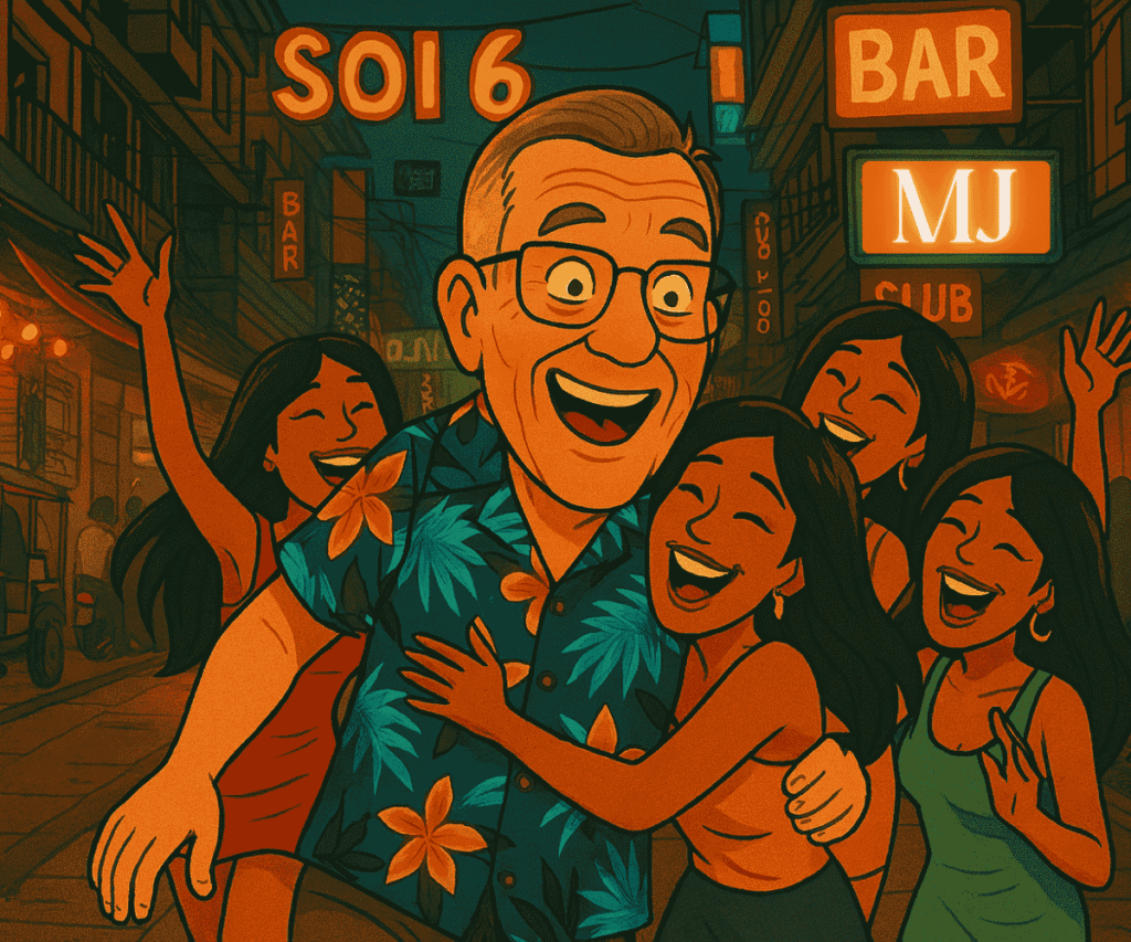 Cartoon of Jim walking down Soi 6 in Pattaya surrounded by Thai bar girls pulling him playfully