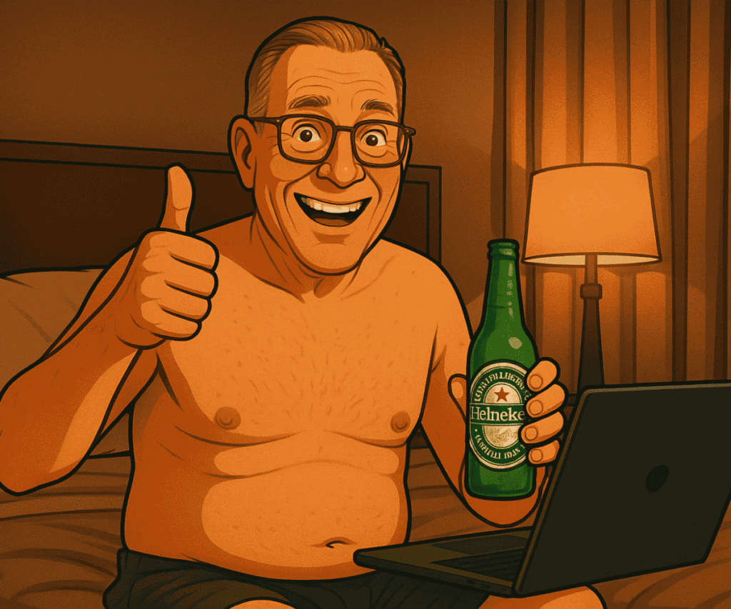 Older man with no shirt giving a thumbs up while holding a Heineken in a hotel room, looking excited at his laptop