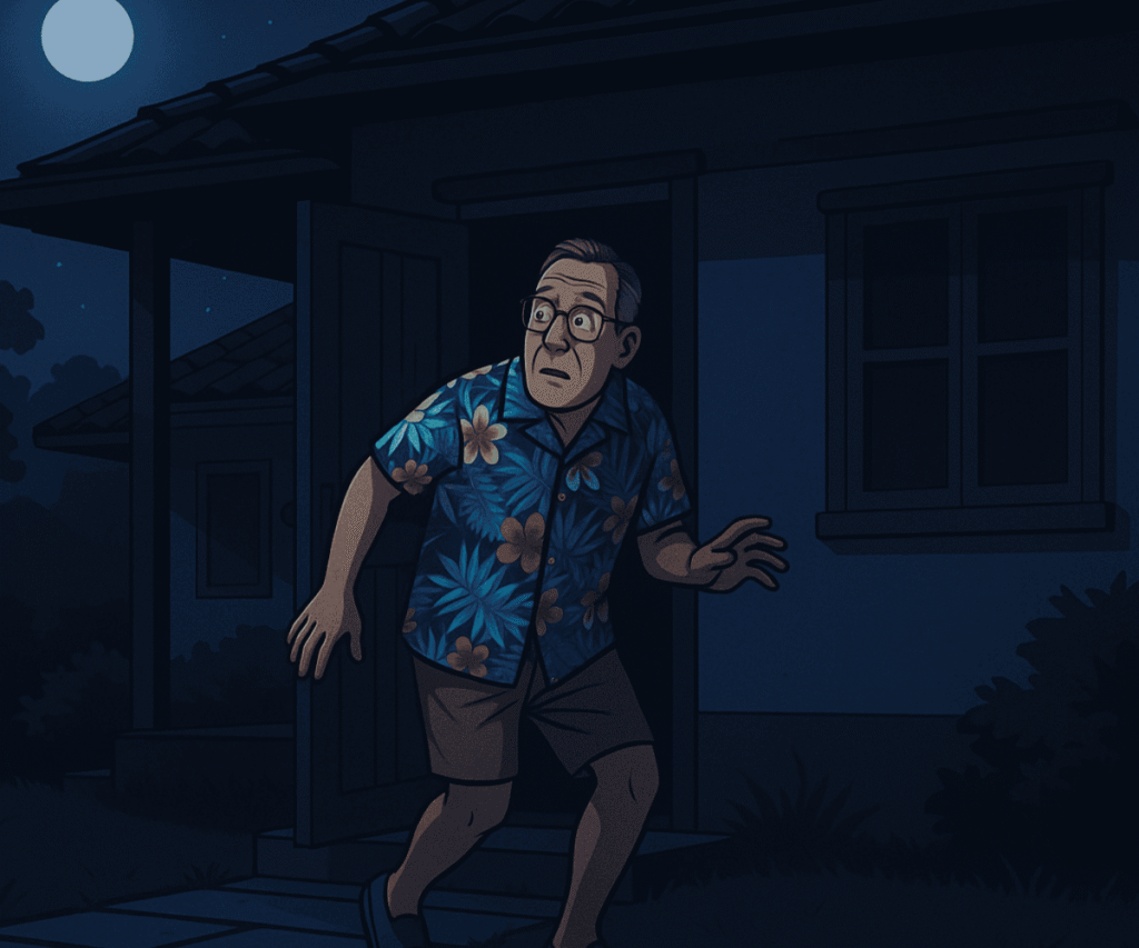 Older man quietly sneaking out of a Thai house at night while everyone else is asleep

