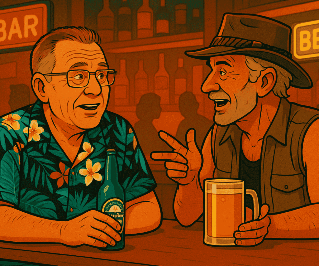 Cartoon of older Western man drinking Heineken and chatting with an Australian man in a Pattaya bar