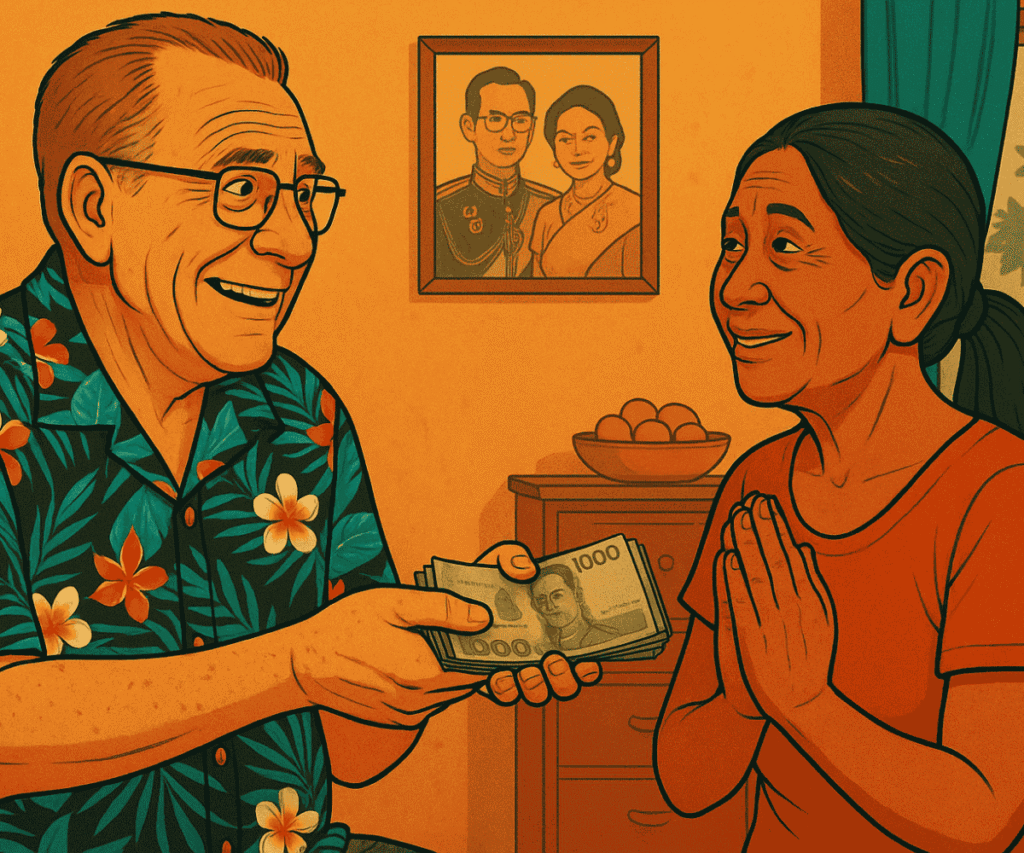Cartoon of Jim handing Thai baht to Pom’s mother while she smiles with gratitude