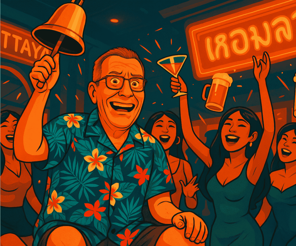 Cartoon of older Western man ringing bar bell in Pattaya nightclub while Thai women cheer with drinks