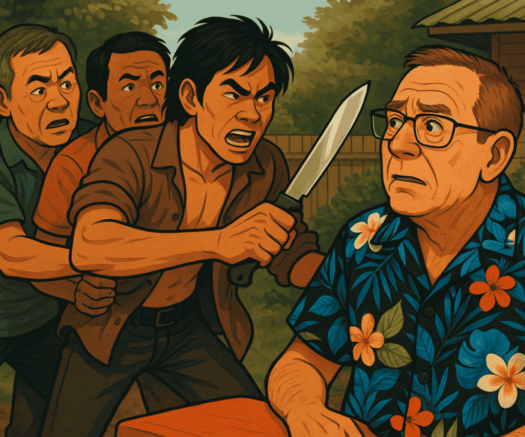 Cartoon of a young Thai man angrily holding a knife toward a concerned older Western man